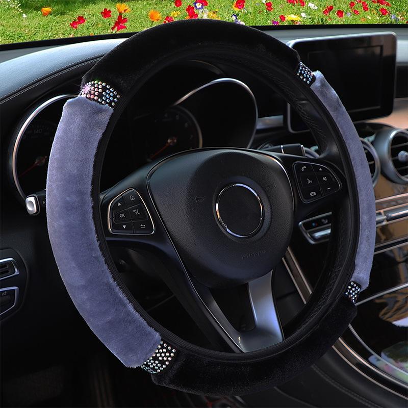 Universal 37-38cm Diameter Soft Plush Rhinestone Car Steering Wheel Cover Interior Accessories Black Pink Car Steering Cover