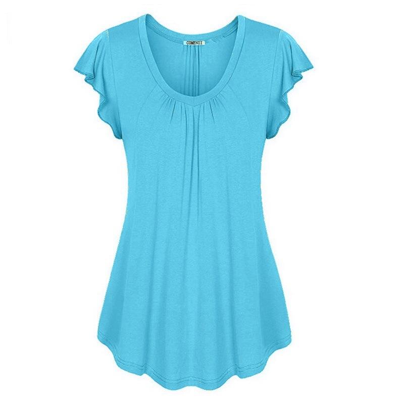 MAITA Outdooor Women Solid Row Pleats Ruffled Ruched Round Neck Short Sleeve Irregular T -Shirt Tops
