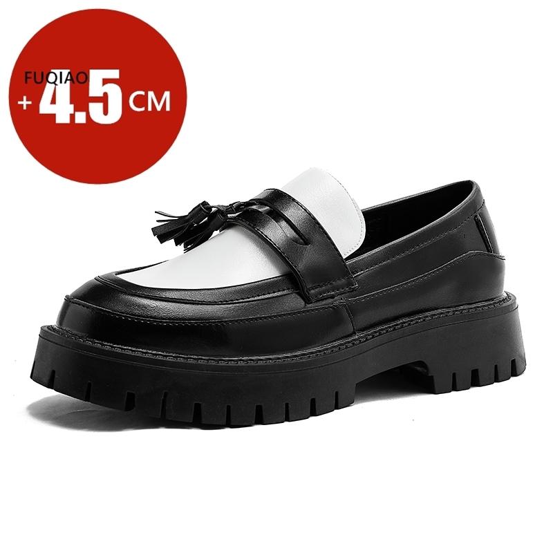 

4.5 Cm Height Increase Men s Thick Soled Fringed Black/white Loafers Spring British Style Man Comfortable Business Leather Shoes 39 чорний білий колір
