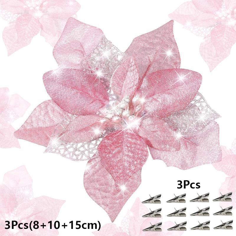 6Pcs 8/10/15cm Christmas Flower Decoration Sparkle Xmas Tree Hanging Ornament for Navidad Artificial Wreath Craft New Year Gifts