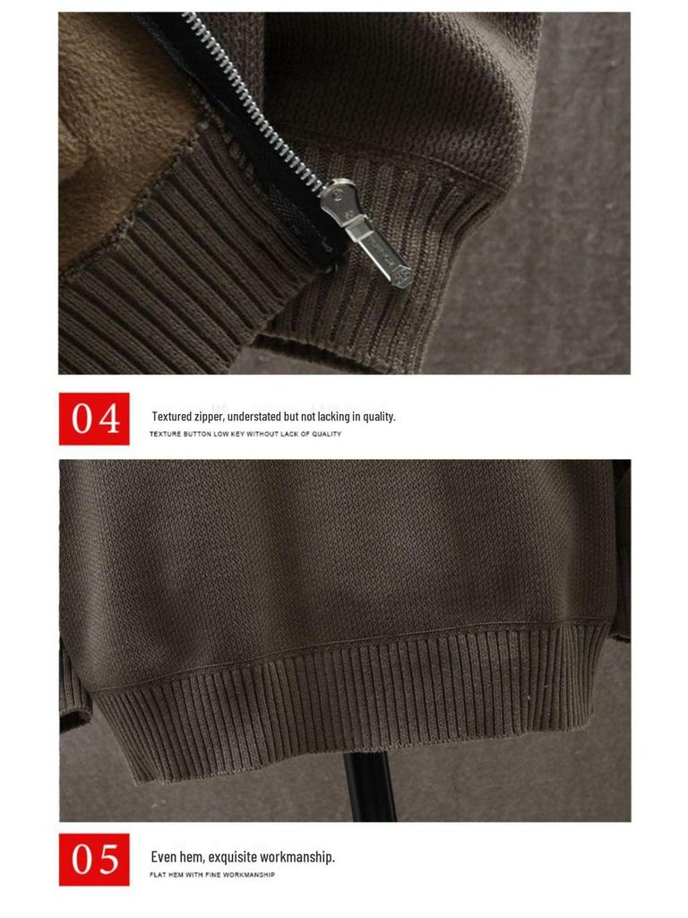 Men's Stand Collar Knitted Cardigan: Autumn/Winter Style, Trendy Youth, Velvet-Lined, Thick Sweater Coat.
