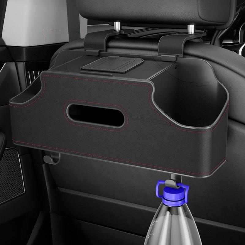 Car Seat Back Organizer Rear Seat Car Storage Box Car Back Seat Organizer with 2 Drink Cup Holder Tissue Box Hooks for Kids
