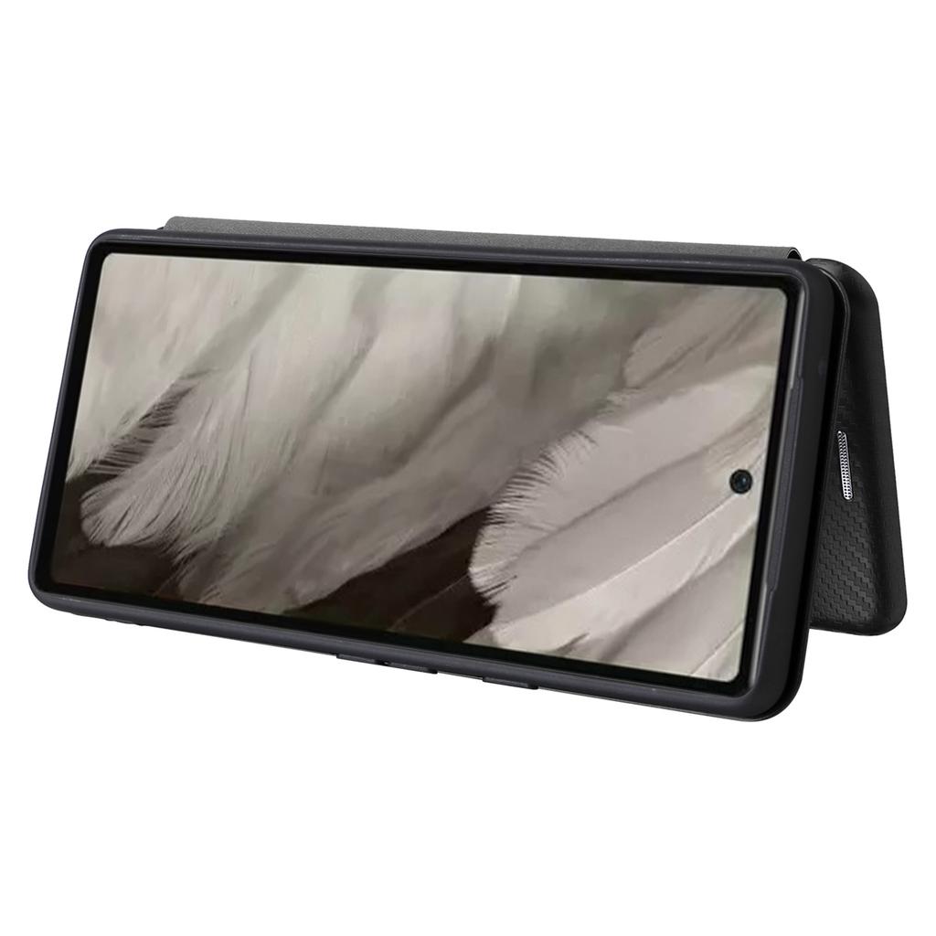 Para Google Pixel 7a Capa de Telefone com Textura de Fibra de Carbono Ranhura para Cartão Couro PU Magnética Autoabsorvente Capa com Suporte