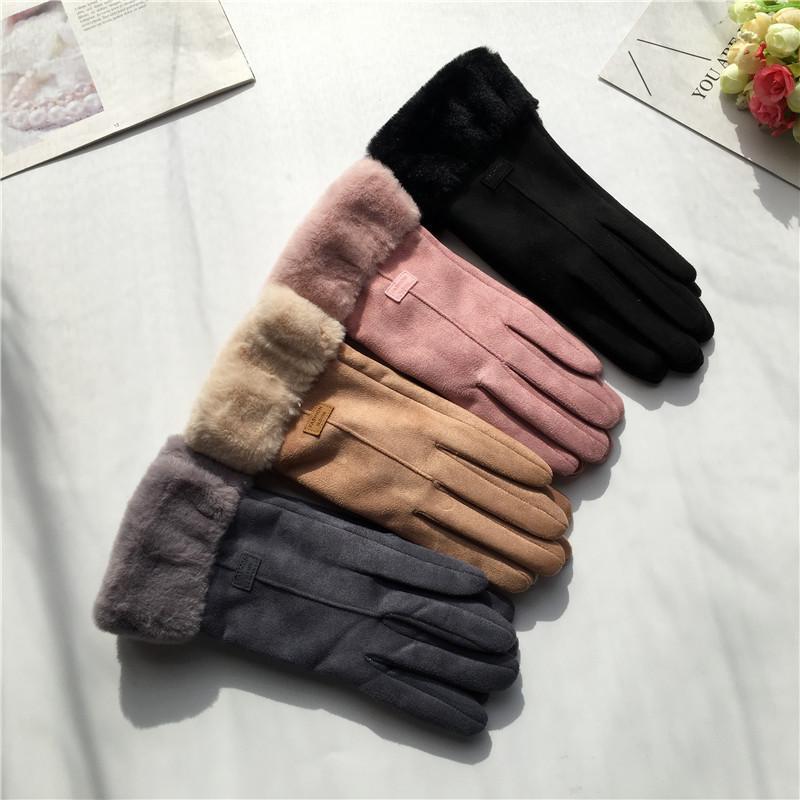 Suede Women's Gloves Single Line Hairy Winter Warm Outdoor Fleece Student Split Finger Touch Screen Gloves