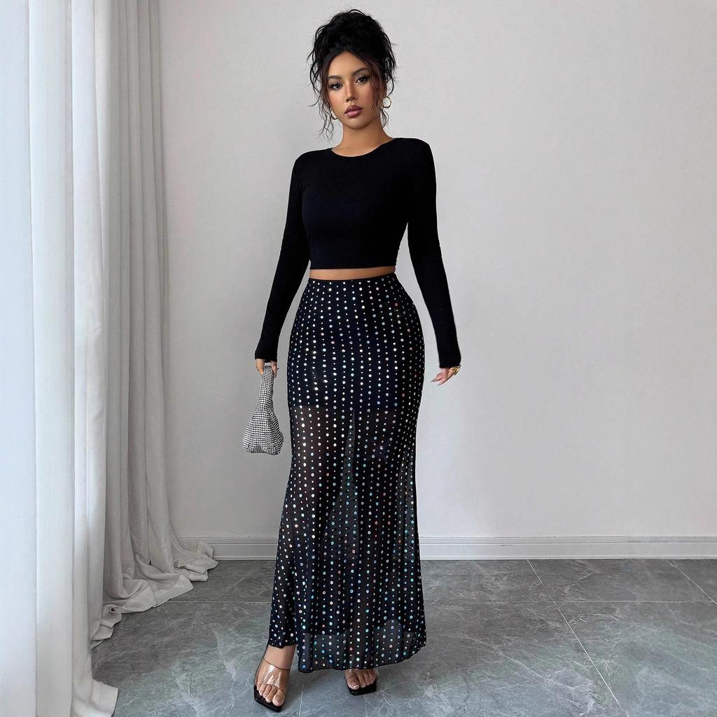 Women's Sequin Dot Sheer Mermaid Skirt Black