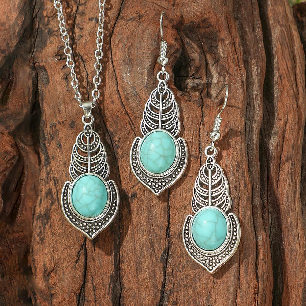Vintage Damenohrringe Halskette Set Türkisohrringe Ethnischer Anhänger Ohrhaken Anhänger Strandparty Schmuck Zubehör Geschenke