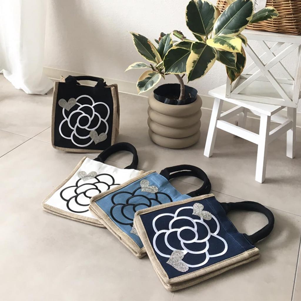 DIVA Rose Jute Bag for Women, Camellia Design, Stylish Linen Tote Bag, Basket Bag, Summer, Small, Lightweight Handbag, Camellia Jute Tote Bag (Light