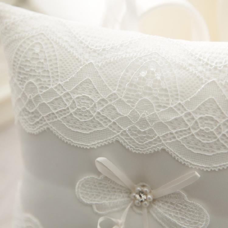 Délicat Cérémonie de Mariage Fête Perles Dentelles Anneaux Oreillers Coussins Porteurs pour Fiançailles Demande en Mariage Décoration Blanc