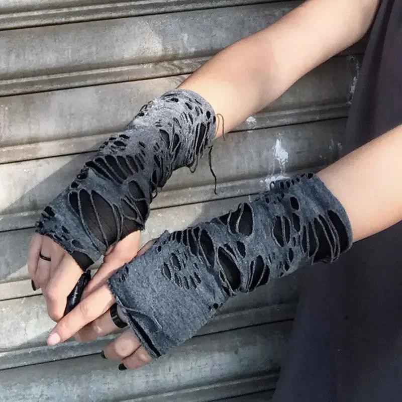 New Hot Sale Fashionable Simple Gothic Fingerless Gloves Unisex Tear Design Stretchy for Party Preparation and Durable Halloween