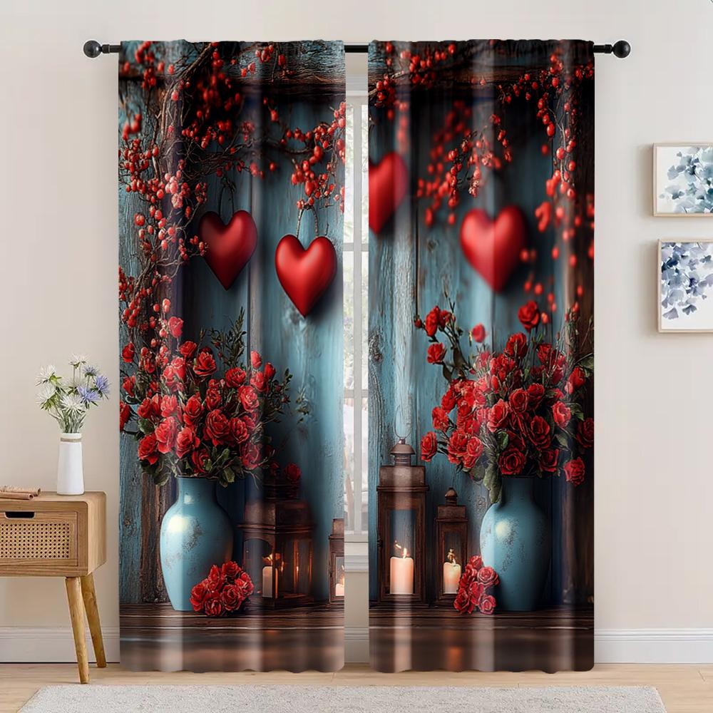 2pc, Romantic Valentine's Day Curtains Red Wood Theme Polyester,Without Electricity Holiday Decorations for aesthetic room