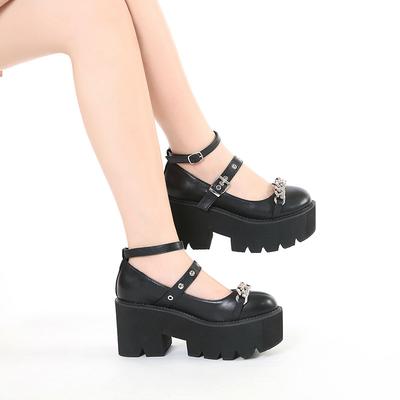 Muffin-Einzelschuhe mit dicker Sohle Damenschuhe Dicksohlige wasserdichte Tischgürtelschnalle Metallkette Damenschuhe