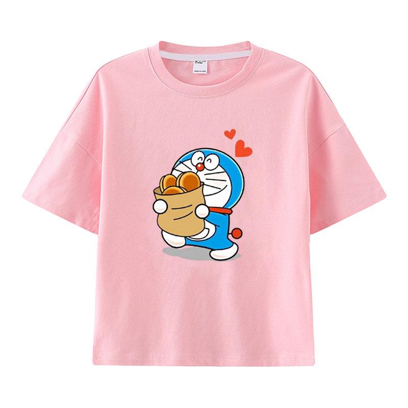 Pure Cotton Childrens Shortsleeved Tshirt for Summer Boys and Girls Halfsleeved Childrens Clothing with Doraemon Pattern