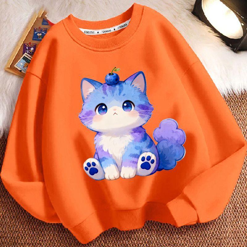 Children's Fashionable Cartoon Kitten Hoodie for Autumn and Winter, Casual Long-sleeved Round-neck Top for Boys and Girls