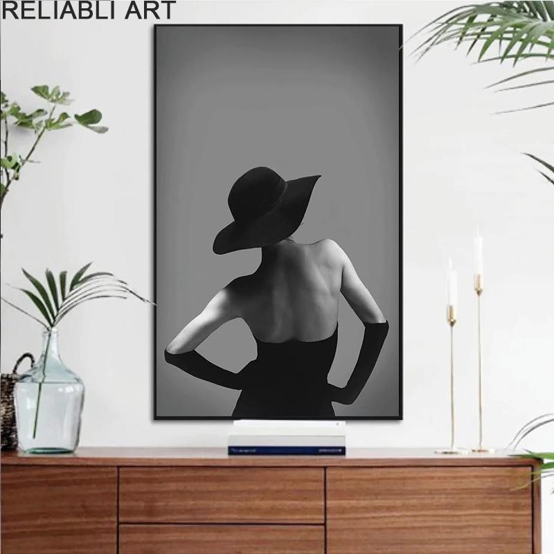 Modern Abstract Portrait Posters and Prints Sexy Women with Hat Canvas Painting Wall Art for Living Room Decor No Framee