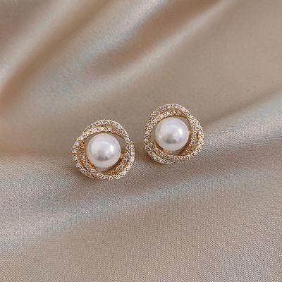 French Flash Diamond Spiral Pearl Ear Stud Silver Needle Gold Simple Earrings For Women  Earring Accessories
