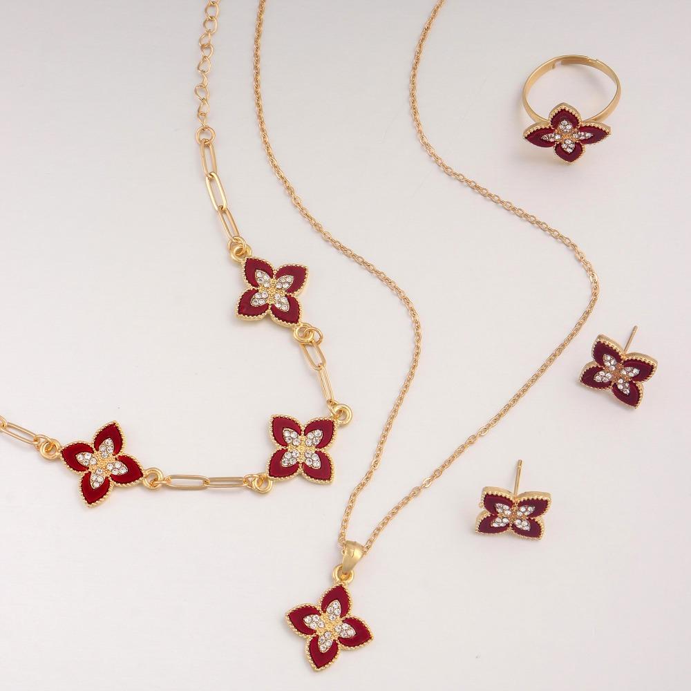 Lucky Four-leaf Clover Simple Necklace Versatile Jewelry Luxury Ring Earrings Bracelet Clavicle Chain Set