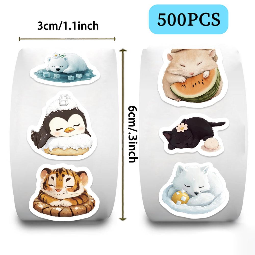 500 Pieces/roll Roll Stickers Tape Sleeping Animal Stickers Handbook Material Decorative Envelope Seal Stickers