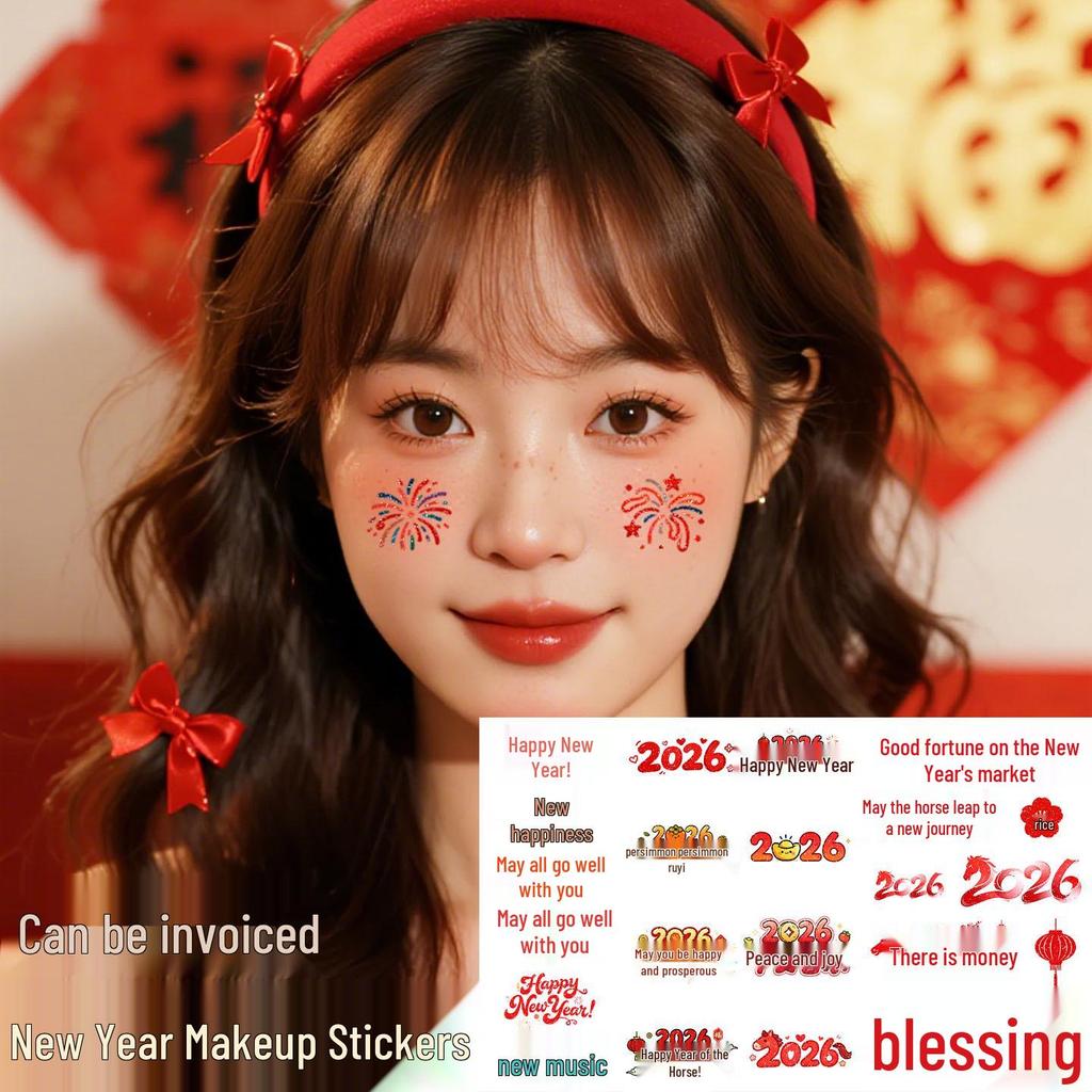 2026 New Year Glitter Face Tattoo Stickers - Spring Festival Cartoon Colors for Stage and Makeup