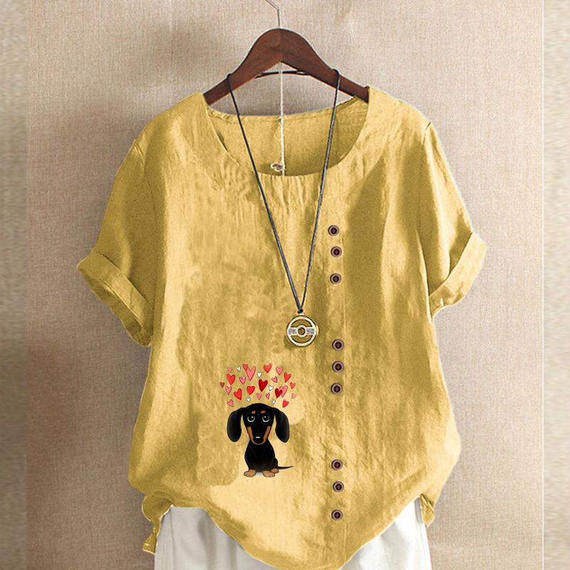 Women's Fashion Love Dog Prined Round Neck Short Sleeve T-shirt Casual Cotton Linen Graphic Shirt Leisure Loose Summer Blouse Tops