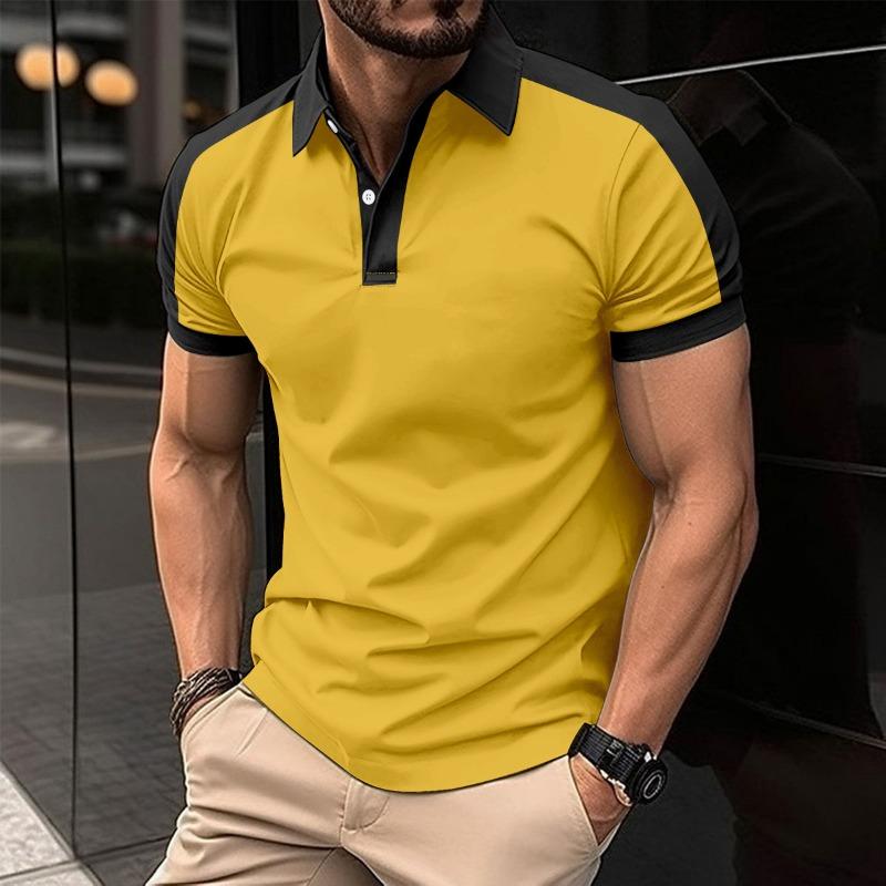 Men's Casual Polo Shirt Fashionable Lapel Button Business Color Blocked Versatile T-shirt Top