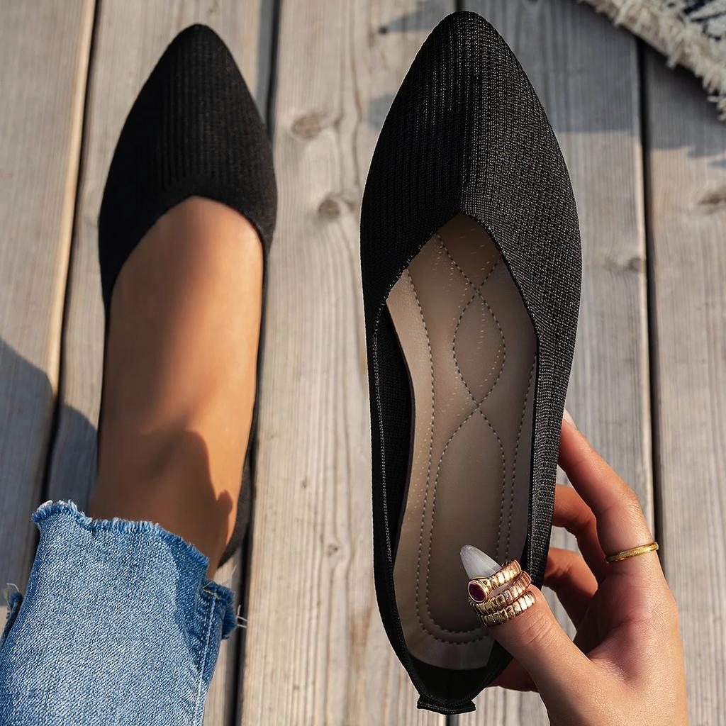 2025 Pointed Toe Flat Office Boat Solid Color Knitted Slip on Shoes Casual Ballet Flats Shoes Women Loafers Zapatos De Mujer