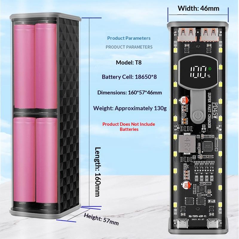 18650 Battery Storage Box 8 Cell PD 45W Fast Charging Power Bank Case DIY Rechargeable Kit for Camping Business Trips