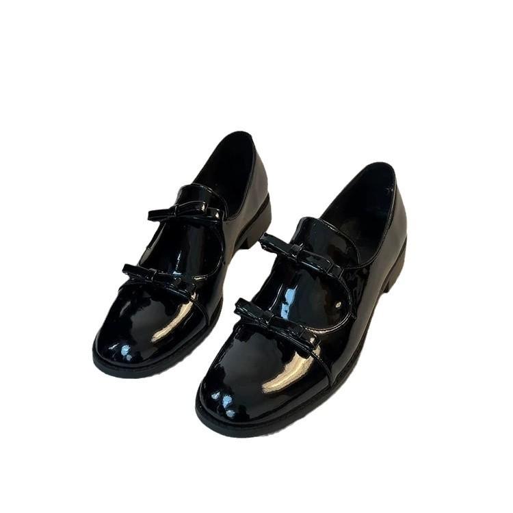 Korean Double Bow Patent Leather Small Leather Shoes Women's Spring and Autumn New Thick Heel Round Head One Pedal Loafers Commuter Shoes