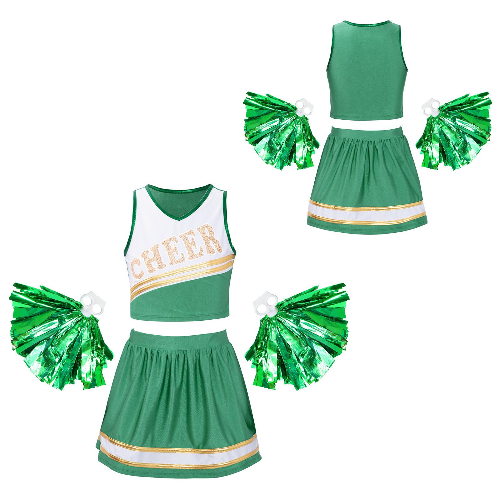 

Дитячий танцювальний набір для черлідінгу без рукавів, укорочений топ без рукавів з V-подібним вирізом, літерами, спідницею та 1 парою квіткових кульок з китицями 13-14 Years зелений