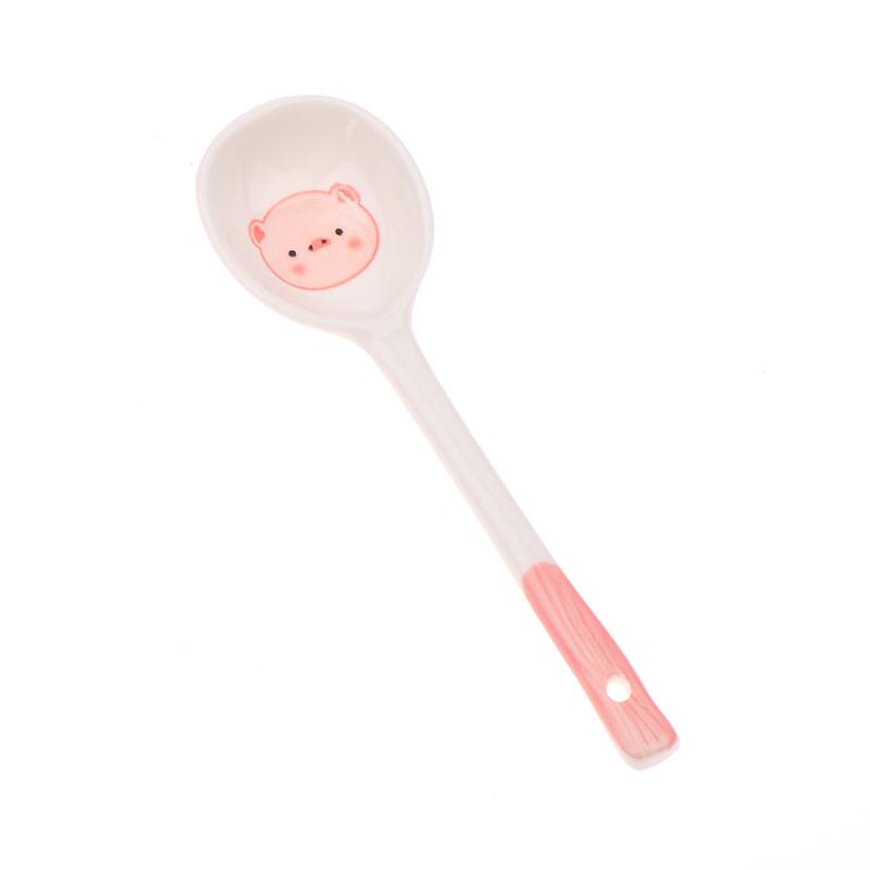 Kawaii Prase Keramická Polévková Lžíce Roztomilá Zmrzlina Ručně Malovaná Kávová Dezertní Lžíce s Dlouhou Rukojetí Kuchyňské Doplňky
