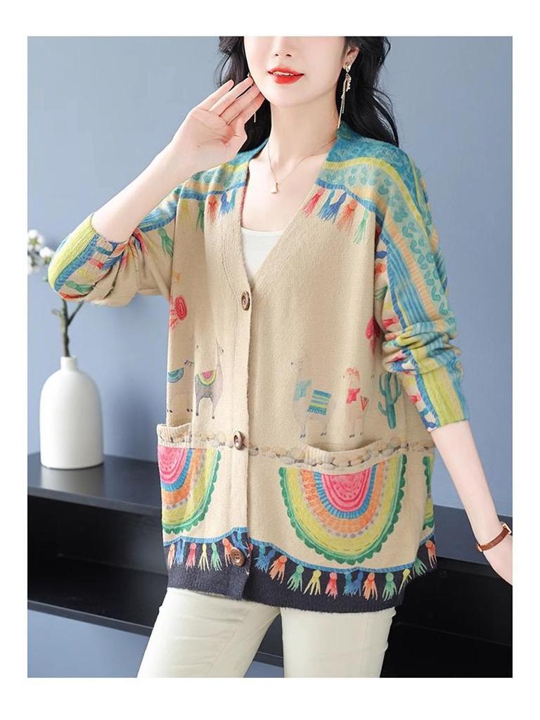2024 Autumn/Winter V-Neck Mink Velvet Printed Loose Casual Single-breasted Coat
