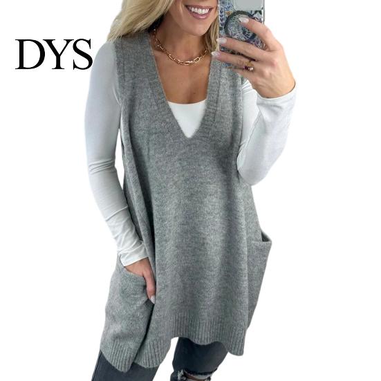 Sand Line Texture Vest Women Sweater V-neck Sleeveless Pockets Mid-length Knitting Jumper Tops Solid Color Autumn Winter Casual Knitwear Season