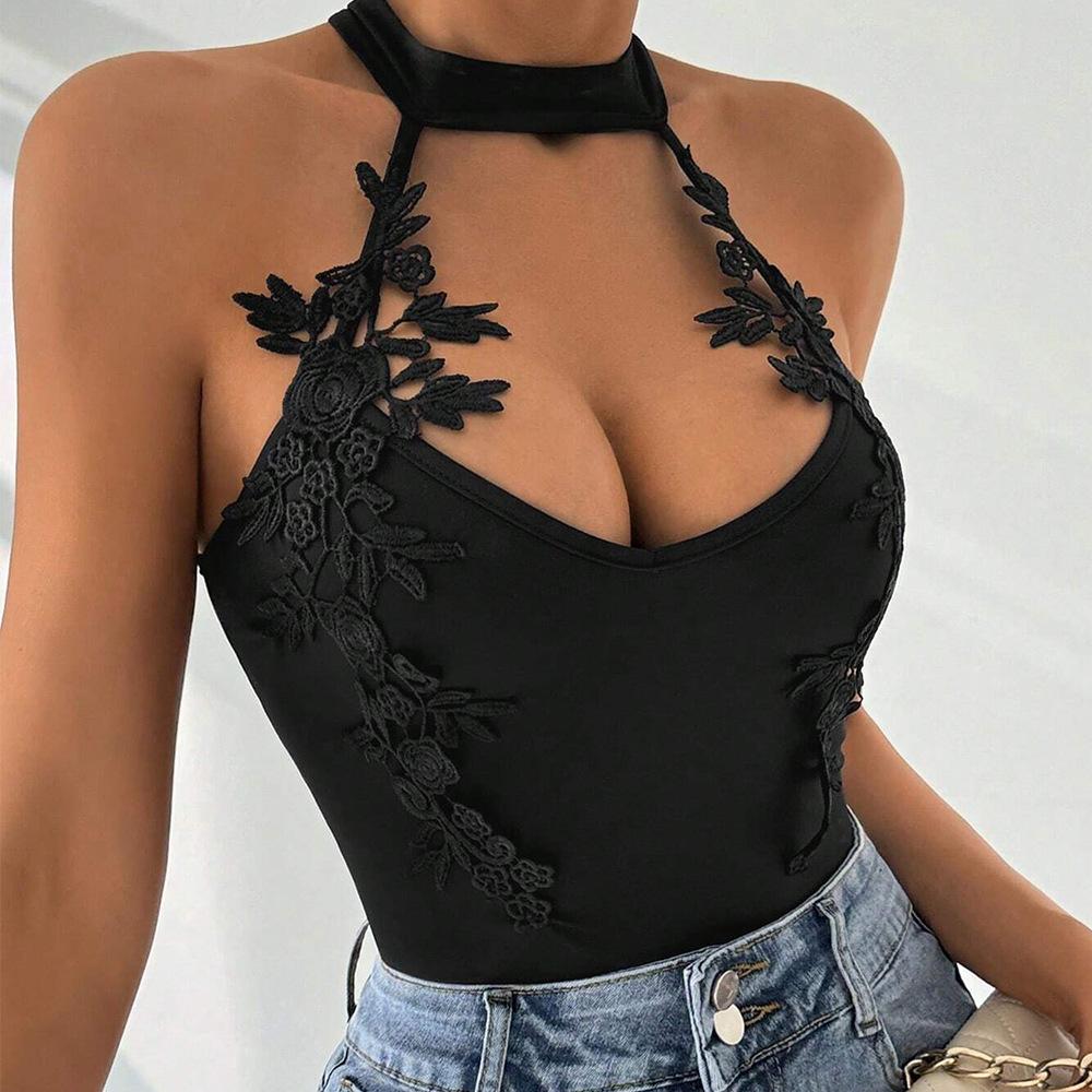 Women s fashion casual onesie, spring and summer new lace jacquard design jumpsuit S чёрный