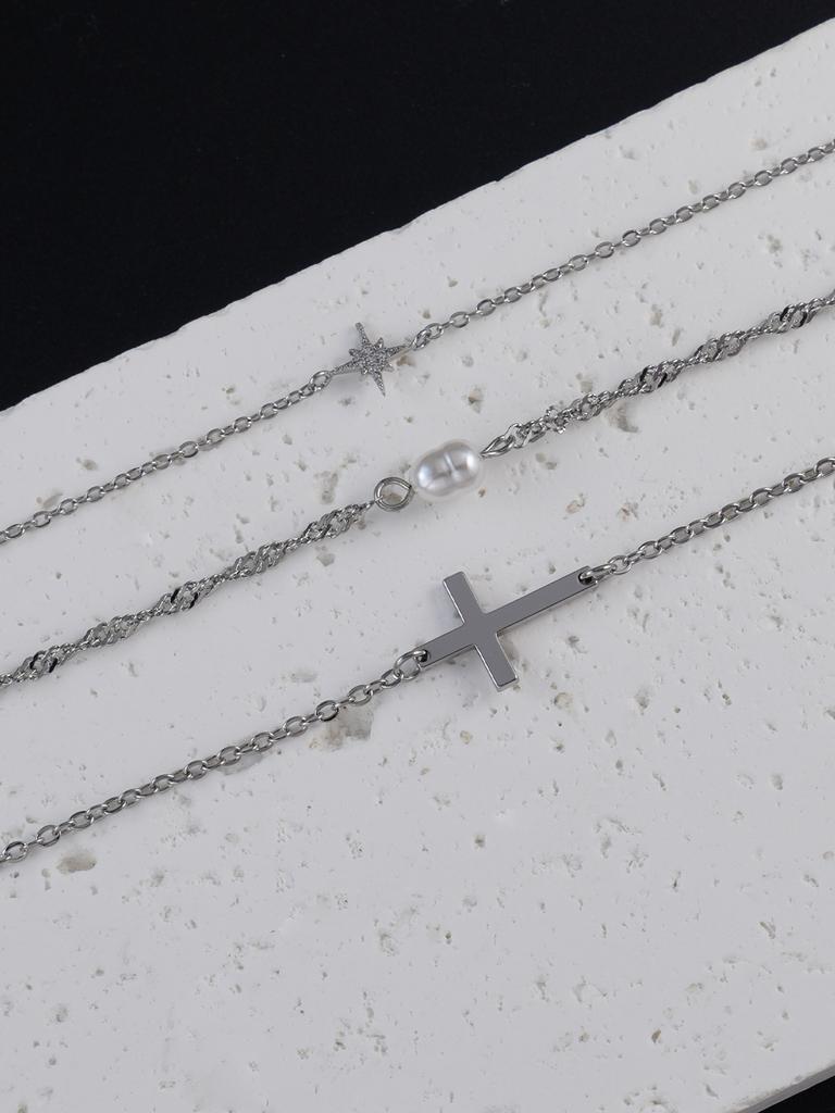 3pcs Silver Cross & Octagram Bracelet Set, Elegant Fashion Accessories Suitable For Women's Daily, Dating, Work Outfit Layering