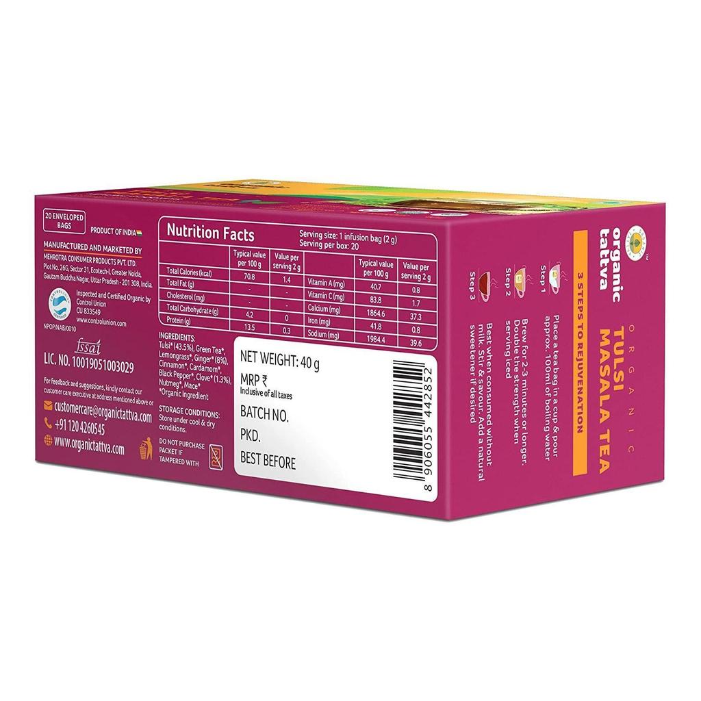 Masala te med Tulsi (20 pakker, 2 g), Økologisk Tulsi Masala te, økologisk Tattva