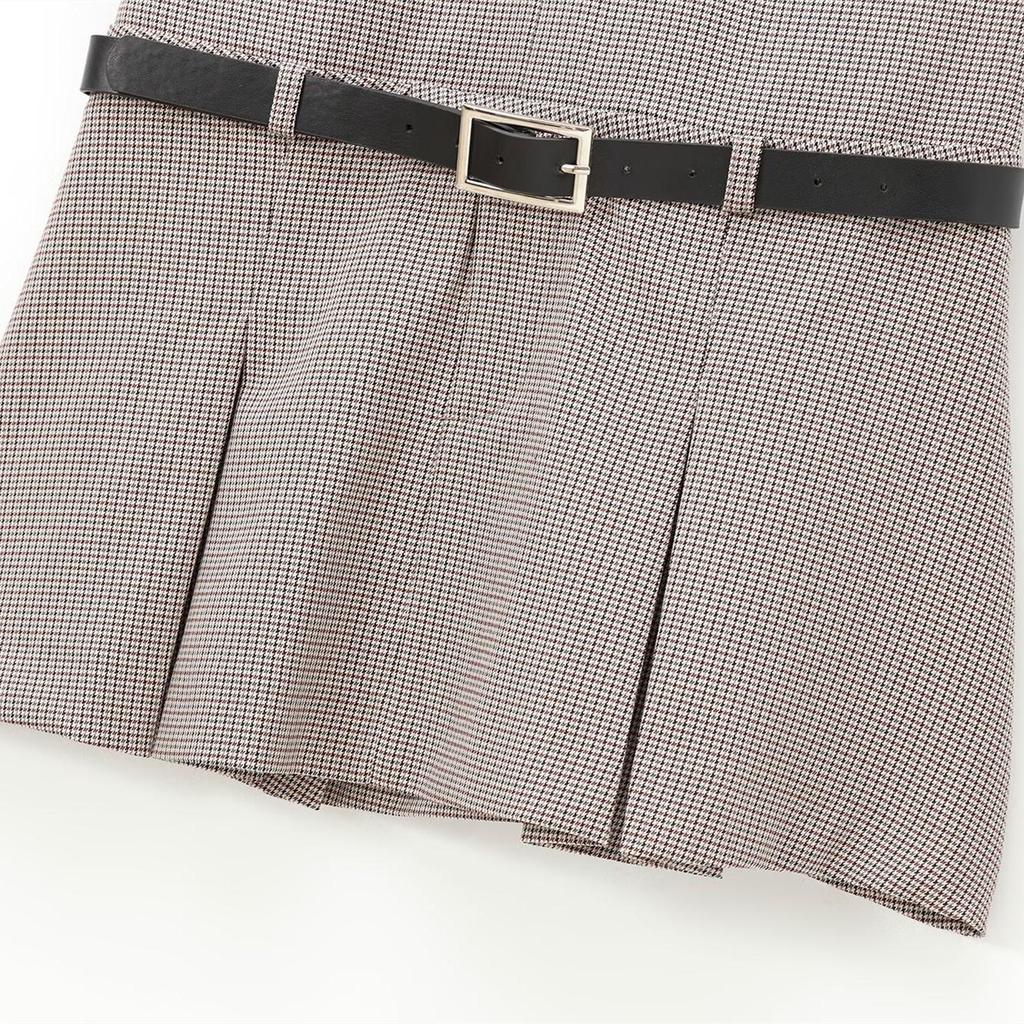 2025 Spring Women's V-Neck Belted Plaid Pleated Vest Dress