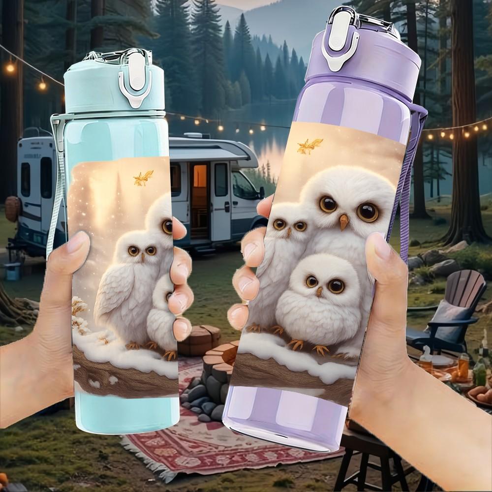 1PC Owl Bird Family Nest Art Print 750ml Color Plastic Sports Water Bottle Leakproof Flip Straw Lid Suitable for Sports Office Home Use