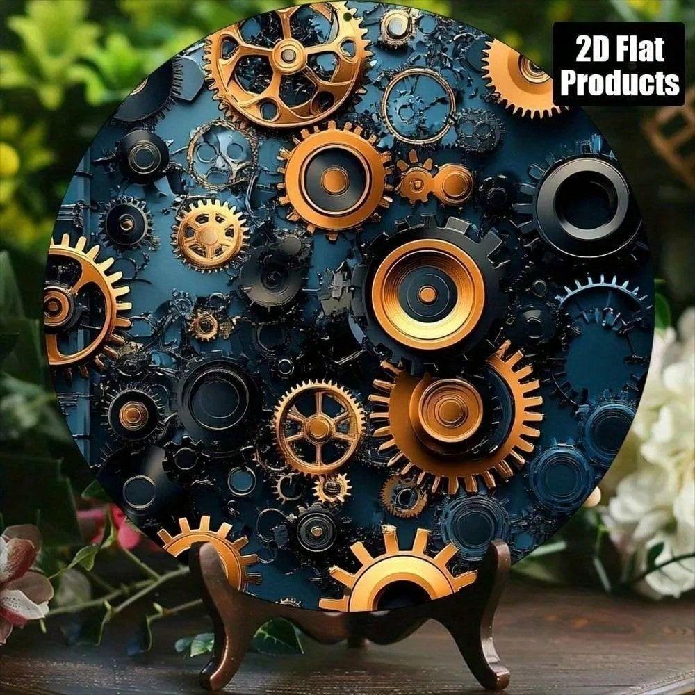 Metal Poster Wall Art Vintage Industrial Steampunk Gear Blue Gold Accent for Living Room