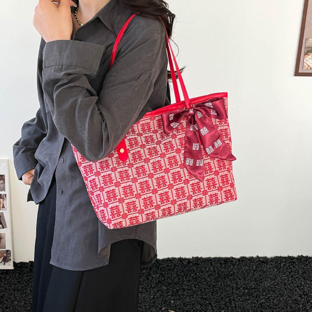 Reusable Women Tote Bag Large Capacity Bridal Shoulder Bag Traditional Red Envelope Baby Shower