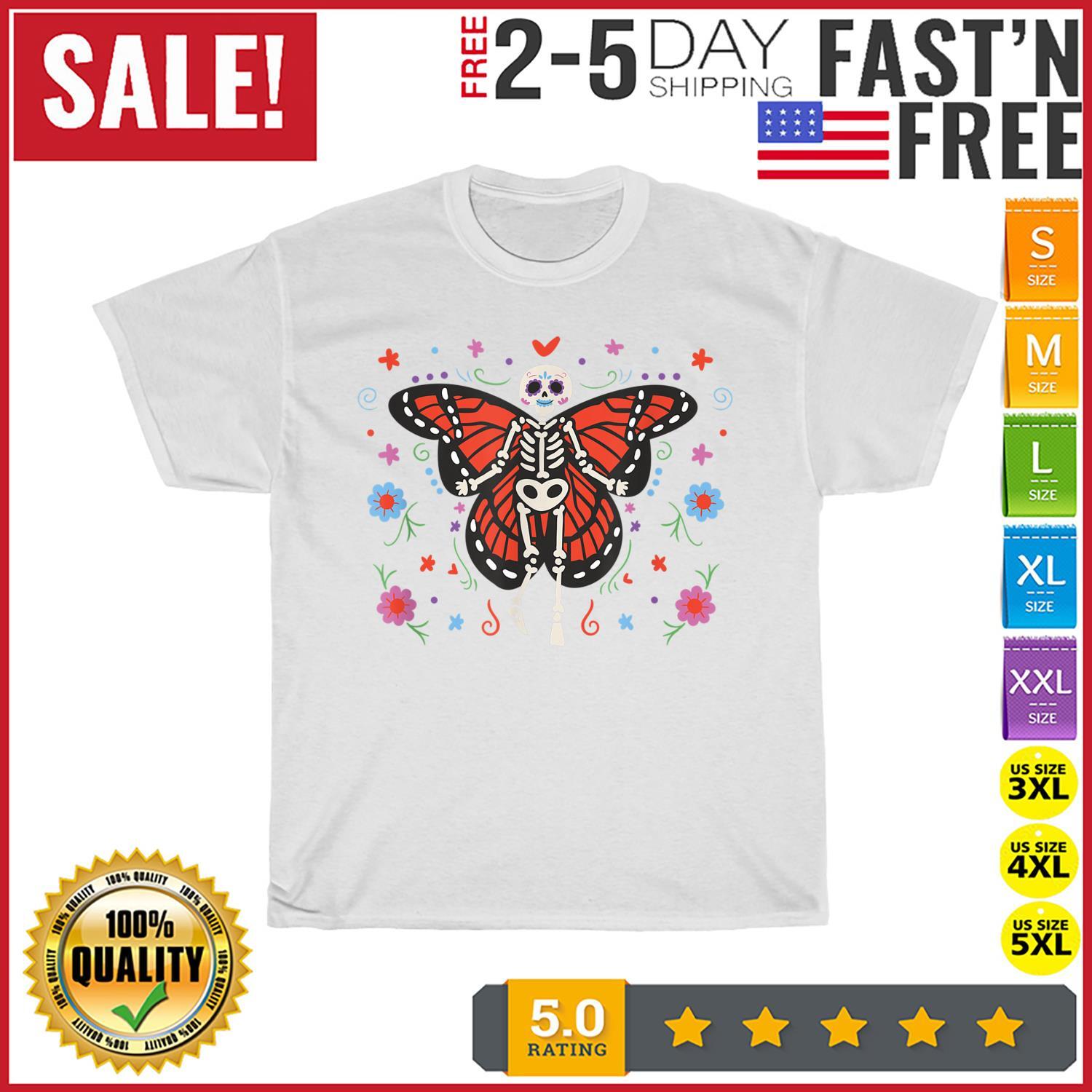 Day of the Dead Sugar Skull Skeleton Monarch Butterfly Vintage T Shirt Mens Womens Tees Top Men Women 4XL