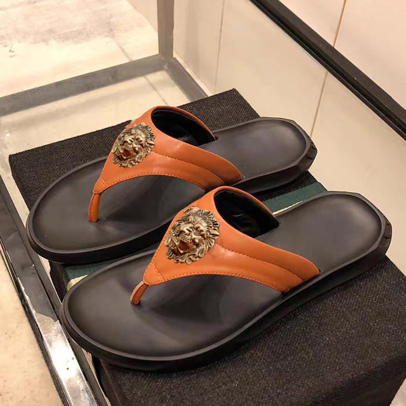 New men's beach shoes flip-flops  designer leather outside wear sandals head layer cowhide