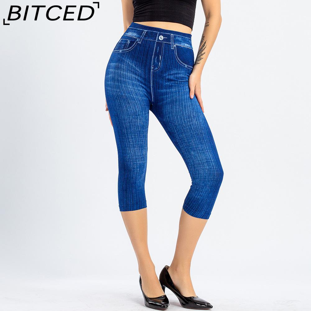 BITCED Women Denim Print Leggings Fashion Slim Leggings Faux Jeans Leggings Short Print Leggings Pants