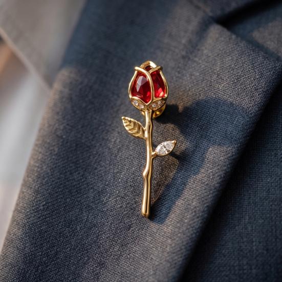 Luxury Brooch Pin Red Rose Bud Pin, Retro Rhinestone Floral Lapel Women Collar Men Jewelry Accessories for Suit Dress Coat Scarf Vintage