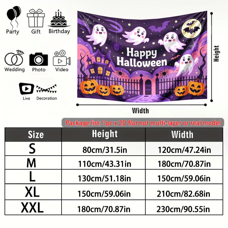 Pumpkins Ghosts Halloween Night Backdrop, Spooky Polyester Banner for Party Decor & Photos