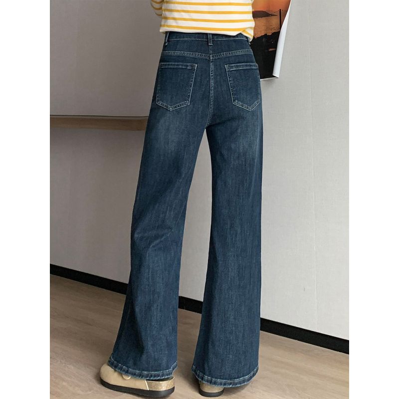 Dark Blue Flared Jeans for Women, New Summer Style for Plus-Size Girls, High-Waisted, Slimming, Pear-Shaped Body, Straight-Leg Flared Pants