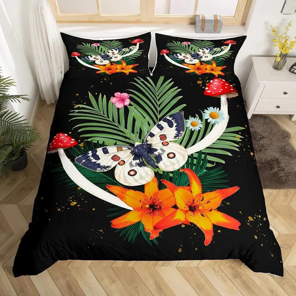 Cute Mushroom Duvet Cover Set Cartoon Mushrooms Comforter Cover Wild Mushroom Bedding Set Wildflower Botanical Plant Quilt Cover