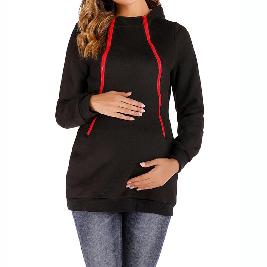 Women Maternity Zipper Long Sleeved Hooded Collar Blouse Sweatshirt