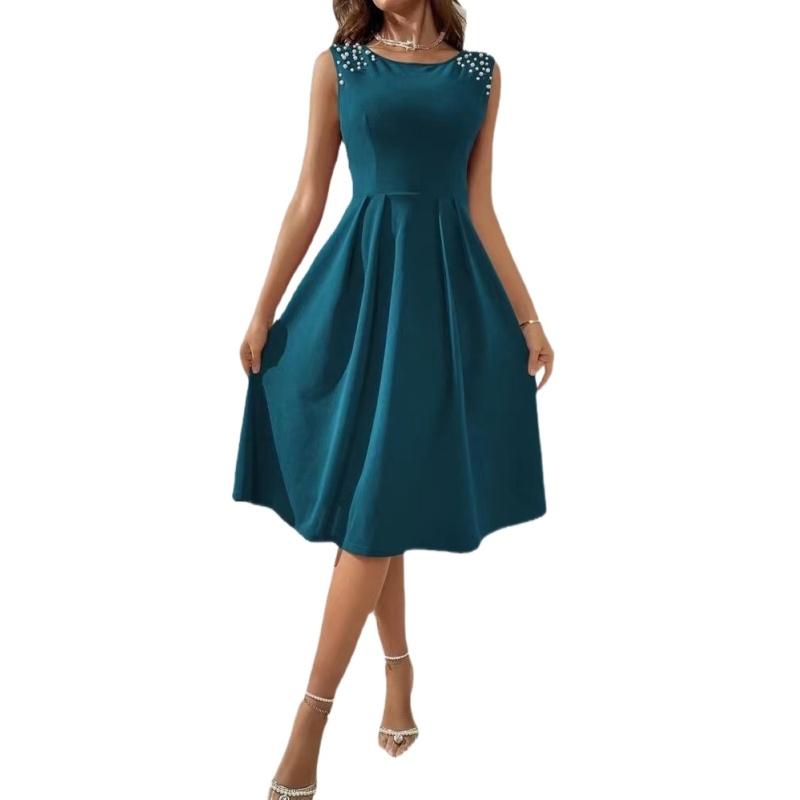 New Women's Slim Fit Round Neck Beaded Sleeveless Princess Dress S-XL