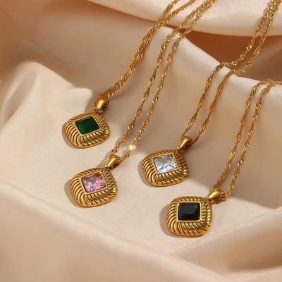 2022 Winter Autumn Fashion Square Texture Zircon Pendant Necklace Green Black White Pink Vintage Stainless Steel Necklace