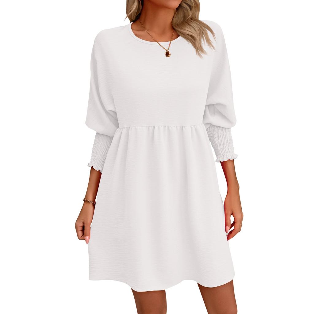 IHUASU Summer Solid Color Print Ladies Sweet Loose 1/2 Sleeves O-Neck Batsleeve Dress