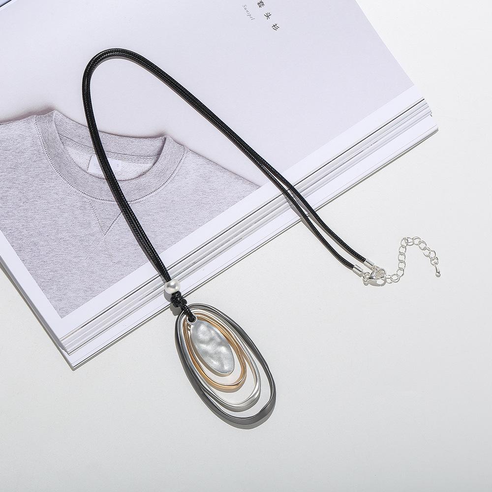 Sweater Chain Stylish Simple Geometric Oval Pendant Women'S Multi-Level Long Necklace